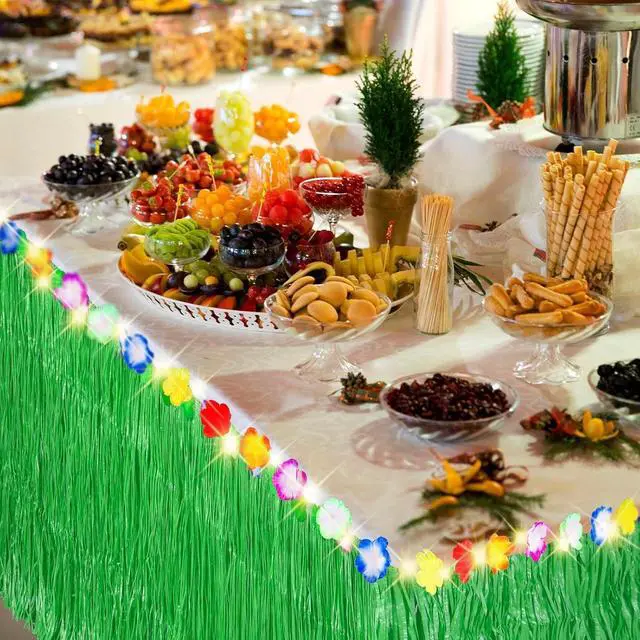 Alt view image 5 of 7 - Aneco 2 Pieces 9 Ft x 30 Inches Luau Grass Table Skirts with LED String Light Hawaiian Table Skirt Lighted Grass Skirt Table Fringe for Tropical, Hawaiian Themed, Birthday Party (Green)