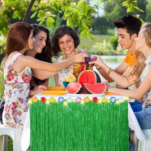 Alt view image 6 of 7 - Aneco 2 Pieces 9 Ft x 30 Inches Luau Grass Table Skirts with LED String Light Hawaiian Table Skirt Lighted Grass Skirt Table Fringe for Tropical, Hawaiian Themed, Birthday Party (Green)