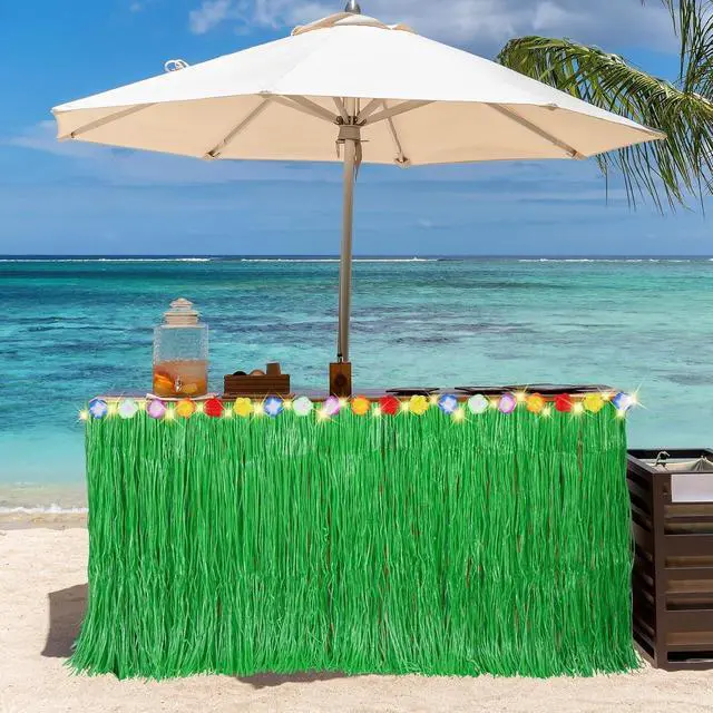 Alt view image 7 of 7 - Aneco 2 Pieces 9 Ft x 30 Inches Luau Grass Table Skirts with LED String Light Hawaiian Table Skirt Lighted Grass Skirt Table Fringe for Tropical, Hawaiian Themed, Birthday Party (Green)