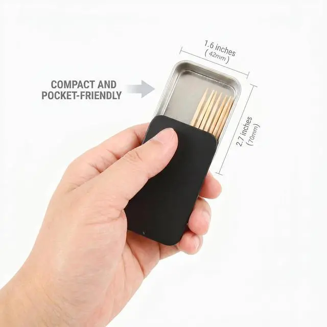 Alt view image 2 of 7 - 2Pcs Toothpick Holder, Portable Empty 2.7*1.6*0.6inch / 7*4.2*1.5cm Reusable Metal Toothpicks Case,Small Toothpick Dispenser for Travel,Outdoor,Camping(Black)