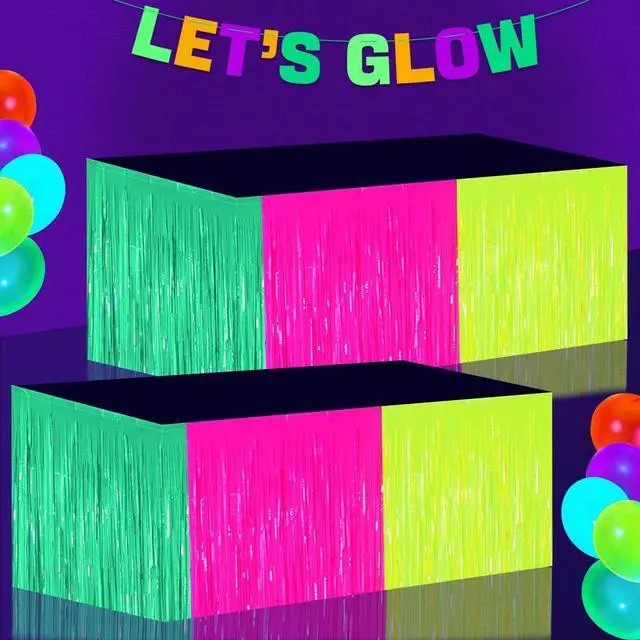 Main image of Glow in the Dark Party Supplies Fringe Table Skirt, 2 Pack Colorful Fluorescent Table Skirts Glow Streamers for Neon Birthday Party Decorations