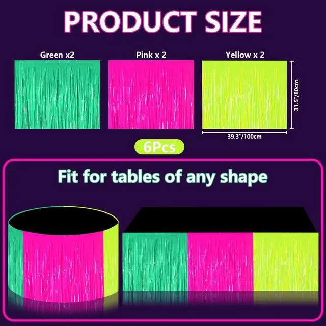 Alt view image 2 of 7 - Glow in the Dark Party Supplies Fringe Table Skirt, 2 Pack Colorful Fluorescent Table Skirts Glow Streamers for Neon Birthday Party Decorations