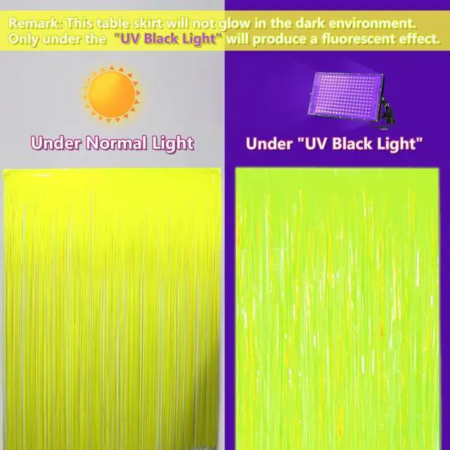 Alt view image 3 of 7 - Glow in the Dark Party Supplies Fringe Table Skirt, 2 Pack Colorful Fluorescent Table Skirts Glow Streamers for Neon Birthday Party Decorations