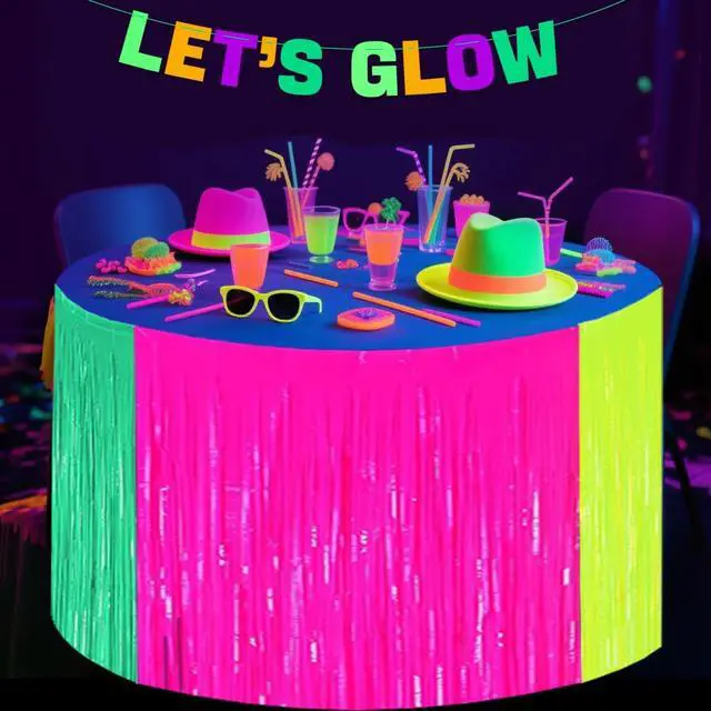 Alt view image 4 of 7 - Glow in the Dark Party Supplies Fringe Table Skirt, 2 Pack Colorful Fluorescent Table Skirts Glow Streamers for Neon Birthday Party Decorations