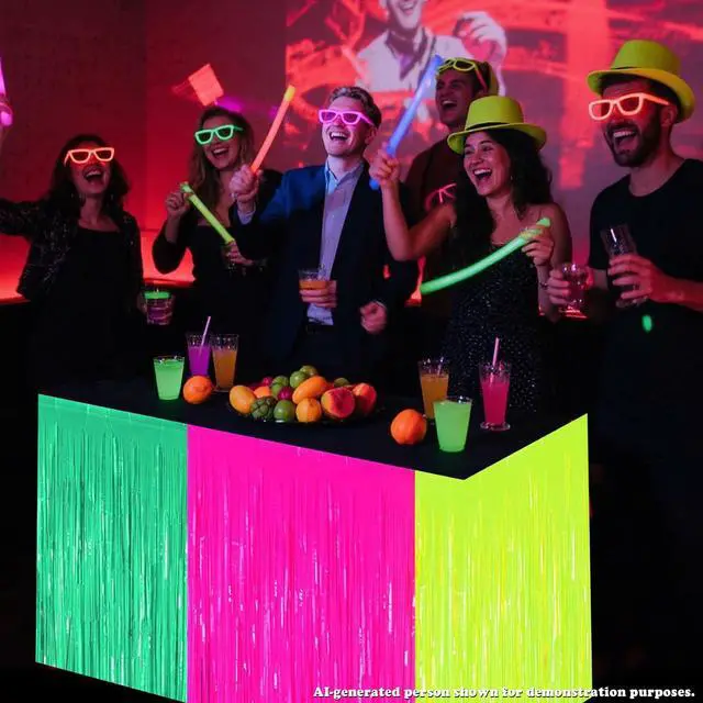 Alt view image 5 of 7 - Glow in the Dark Party Supplies Fringe Table Skirt, 2 Pack Colorful Fluorescent Table Skirts Glow Streamers for Neon Birthday Party Decorations
