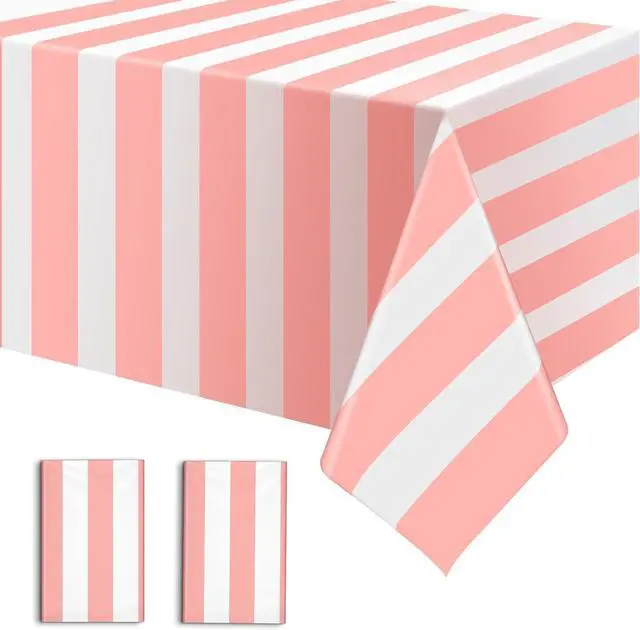 Main image of 2 Pack Pink and White Striped Tablecloth, 54 x 108 Inch Waterproof Disposable Plastic Table Cover, Rectangular Table Cloths for Birthday Baby Shower Girl's Birthday Party Decoration