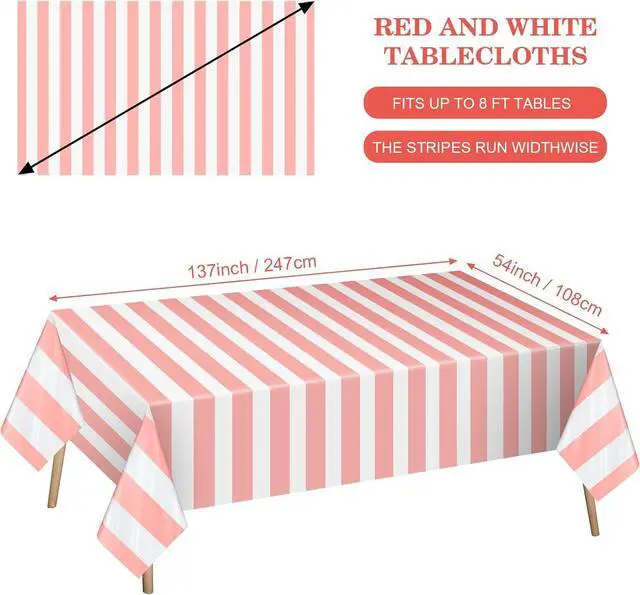 Alt view image 3 of 7 - 2 Pack Pink and White Striped Tablecloth, 54 x 108 Inch Waterproof Disposable Plastic Table Cover, Rectangular Table Cloths for Birthday Baby Shower Girl's Birthday Party Decoration