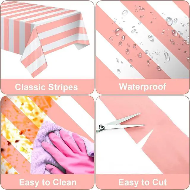 Alt view image 2 of 7 - 2 Pack Pink and White Striped Tablecloth, 54 x 108 Inch Waterproof Disposable Plastic Table Cover, Rectangular Table Cloths for Birthday Baby Shower Girl's Birthday Party Decoration