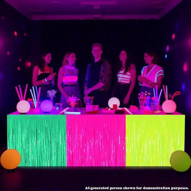 Alt view image 7 of 7 - Glow in the Dark Party Supplies Fringe Table Skirt, 2 Pack Colorful Fluorescent Table Skirts Glow Streamers for Neon Birthday Party Decorations
