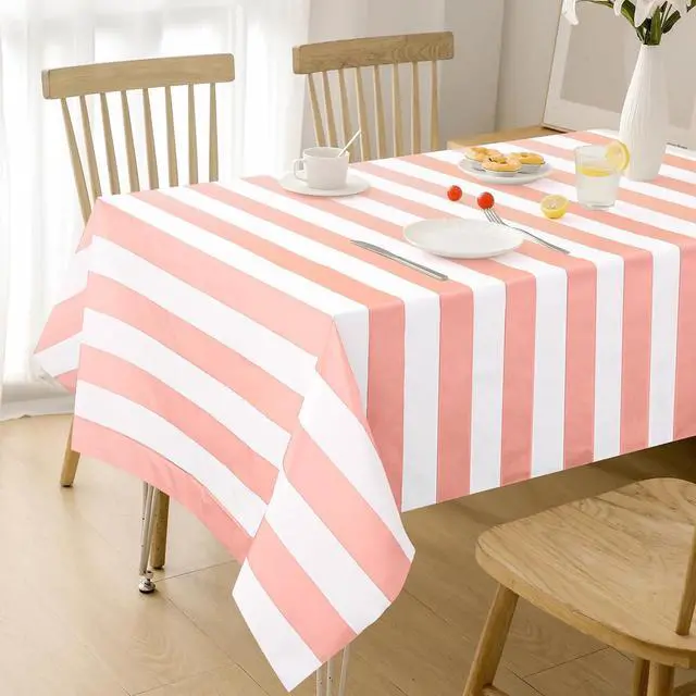 Alt view image 7 of 7 - 2 Pack Pink and White Striped Tablecloth, 54 x 108 Inch Waterproof Disposable Plastic Table Cover, Rectangular Table Cloths for Birthday Baby Shower Girl's Birthday Party Decoration