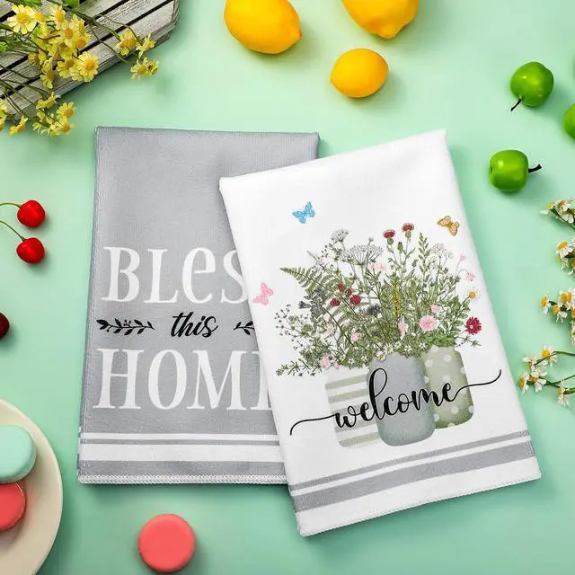 Alt view image 3 of 7 - Boyiee Set of 6 Floral Kitchen Towels Wildflower Dish Towels Butterfly Truck Tea Towels 24 x 16 Inches Absorbent Hand Towels Flower Lover Housewarming Gifts for Farmhouse Kitchen Bathroom Decorations