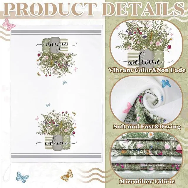 Alt view image 6 of 7 - Boyiee Set of 6 Floral Kitchen Towels Wildflower Dish Towels Butterfly Truck Tea Towels 24 x 16 Inches Absorbent Hand Towels Flower Lover Housewarming Gifts for Farmhouse Kitchen Bathroom Decorations