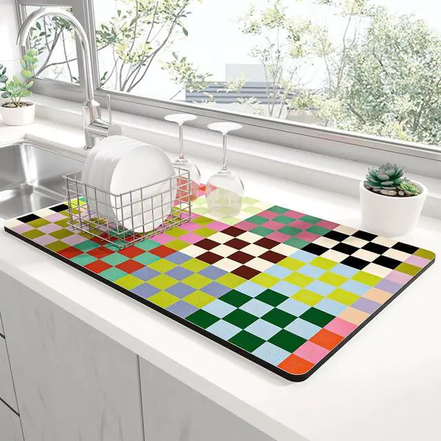 Main image of Rnivvi Dish Drying Mat for Kitchen Counter, 12 x 19" Cute Checkered Absorbent Draining Pad, Non-Slip Heat Resistant Coffee Bar Mats for Coffee Machine Station Accessories, Colorful Dish Rack Pad