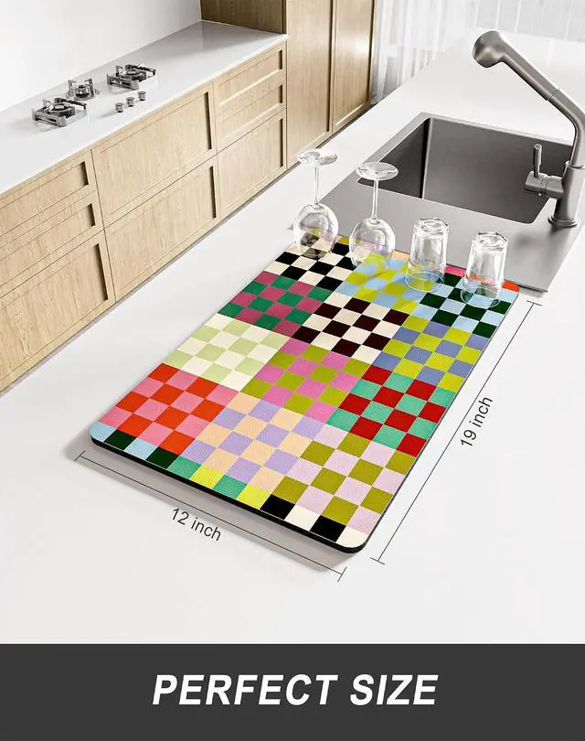 Alt view image 2 of 7 - Rnivvi Dish Drying Mat for Kitchen Counter, 12 x 19" Cute Checkered Absorbent Draining Pad, Non-Slip Heat Resistant Coffee Bar Mats for Coffee Machine Station Accessories, Colorful Dish Rack Pad