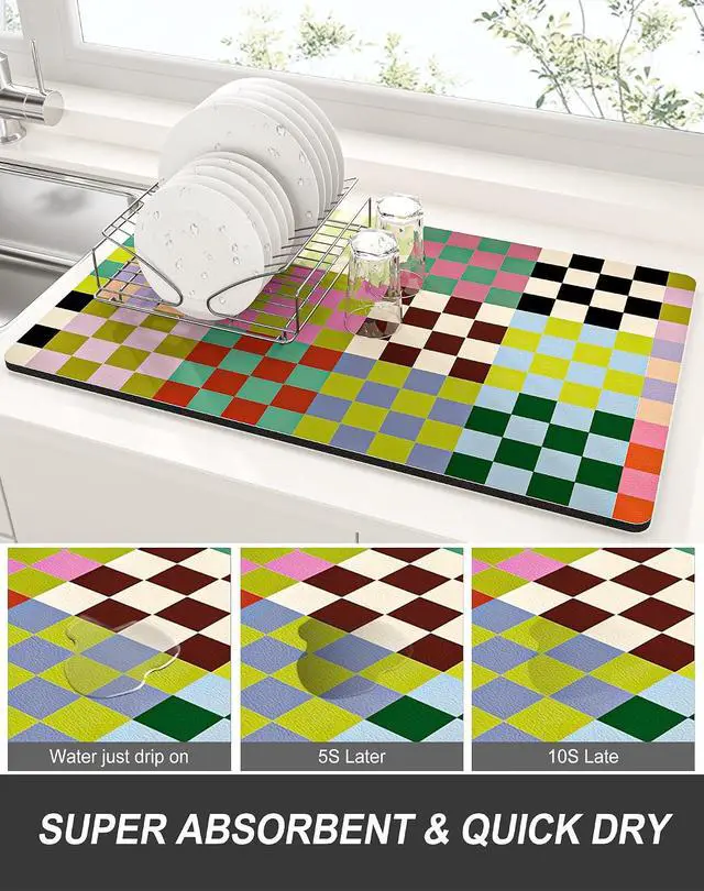Alt view image 3 of 7 - Rnivvi Dish Drying Mat for Kitchen Counter, 12 x 19" Cute Checkered Absorbent Draining Pad, Non-Slip Heat Resistant Coffee Bar Mats for Coffee Machine Station Accessories, Colorful Dish Rack Pad