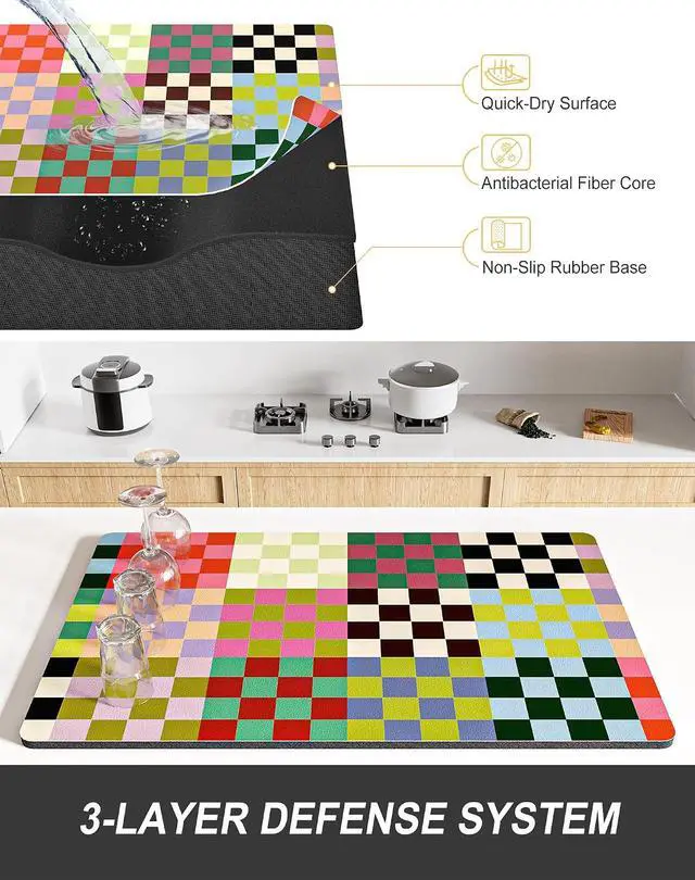 Alt view image 4 of 7 - Rnivvi Dish Drying Mat for Kitchen Counter, 12 x 19" Cute Checkered Absorbent Draining Pad, Non-Slip Heat Resistant Coffee Bar Mats for Coffee Machine Station Accessories, Colorful Dish Rack Pad