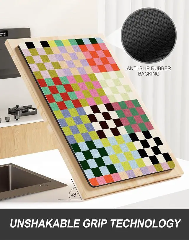 Alt view image 5 of 7 - Rnivvi Dish Drying Mat for Kitchen Counter, 12 x 19" Cute Checkered Absorbent Draining Pad, Non-Slip Heat Resistant Coffee Bar Mats for Coffee Machine Station Accessories, Colorful Dish Rack Pad