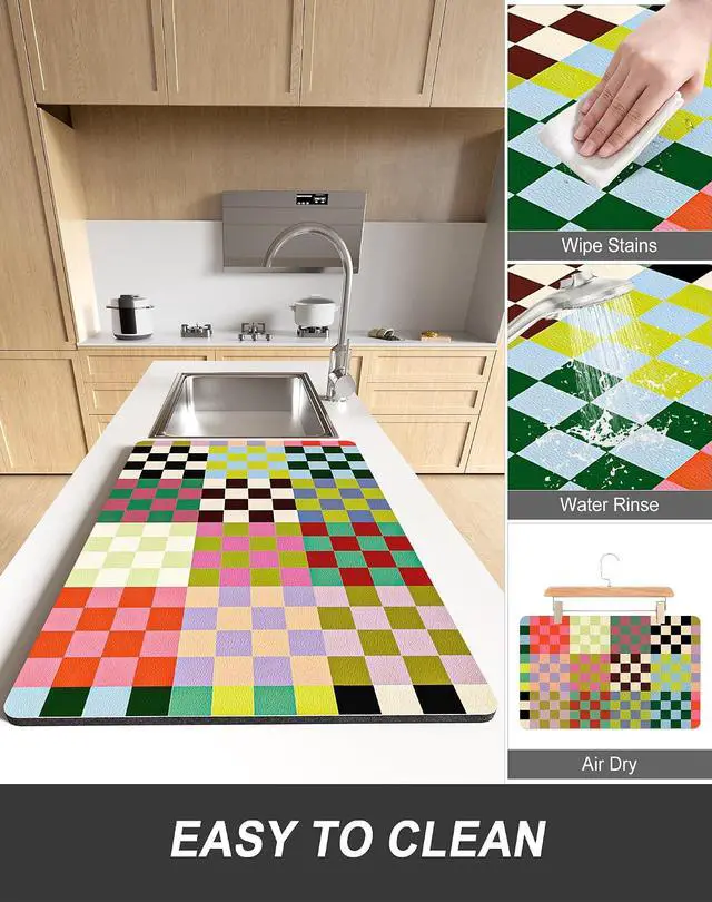 Alt view image 6 of 7 - Rnivvi Dish Drying Mat for Kitchen Counter, 12 x 19" Cute Checkered Absorbent Draining Pad, Non-Slip Heat Resistant Coffee Bar Mats for Coffee Machine Station Accessories, Colorful Dish Rack Pad