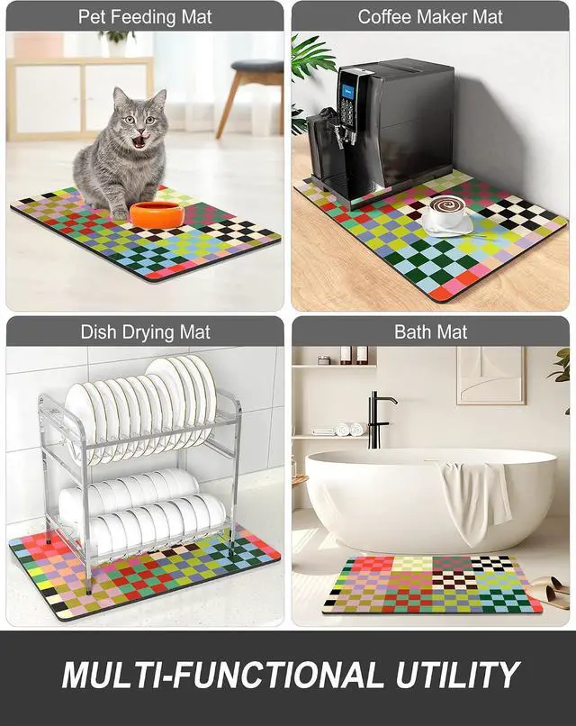 Alt view image 7 of 7 - Rnivvi Dish Drying Mat for Kitchen Counter, 12 x 19" Cute Checkered Absorbent Draining Pad, Non-Slip Heat Resistant Coffee Bar Mats for Coffee Machine Station Accessories, Colorful Dish Rack Pad