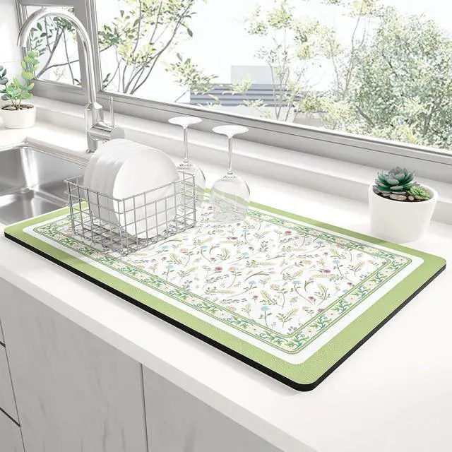 Main image of Rnivvi Dish Drying Mat for Kitchen Counter, 12 x 19" Cute Flower Theme Super Absorbent Draining Pad, Non-Slip Heat Resistant Coffee Bar Mat for Coffee Machine Station Accessories, Green Dish Rack Pad