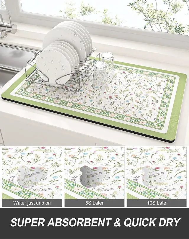 Alt view image 3 of 7 - Rnivvi Dish Drying Mat for Kitchen Counter, 12 x 19" Cute Flower Theme Super Absorbent Draining Pad, Non-Slip Heat Resistant Coffee Bar Mat for Coffee Machine Station Accessories, Green Dish Rack Pad