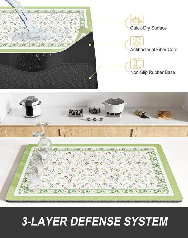 Alt view image 4 of 7 - Rnivvi Dish Drying Mat for Kitchen Counter, 12 x 19" Cute Flower Theme Super Absorbent Draining Pad, Non-Slip Heat Resistant Coffee Bar Mat for Coffee Machine Station Accessories, Green Dish Rack Pad