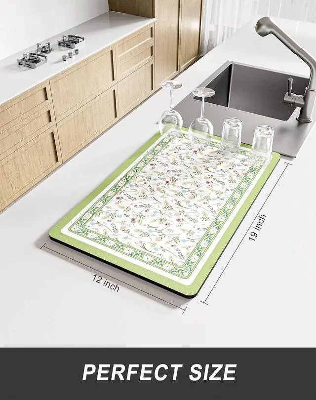 Alt view image 2 of 7 - Rnivvi Dish Drying Mat for Kitchen Counter, 12 x 19" Cute Flower Theme Super Absorbent Draining Pad, Non-Slip Heat Resistant Coffee Bar Mat for Coffee Machine Station Accessories, Green Dish Rack Pad
