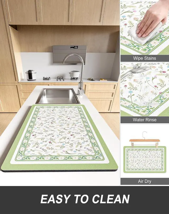 Alt view image 6 of 7 - Rnivvi Dish Drying Mat for Kitchen Counter, 12 x 19" Cute Flower Theme Super Absorbent Draining Pad, Non-Slip Heat Resistant Coffee Bar Mat for Coffee Machine Station Accessories, Green Dish Rack Pad