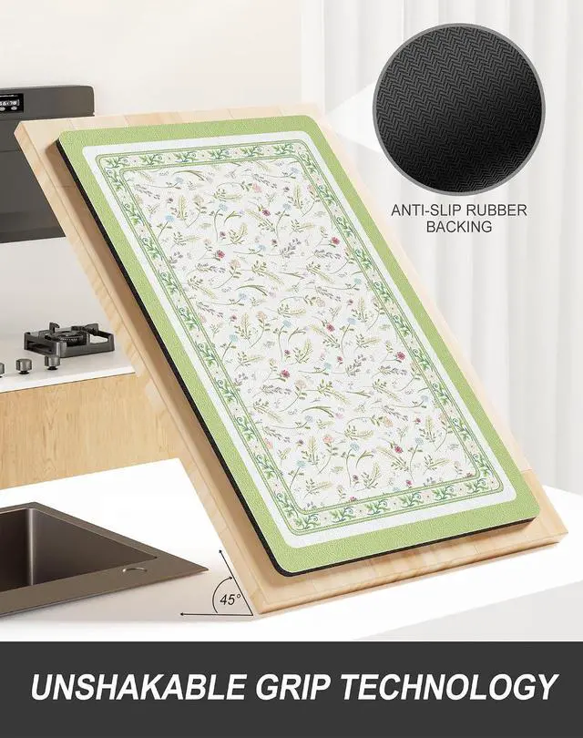 Alt view image 5 of 7 - Rnivvi Dish Drying Mat for Kitchen Counter, 12 x 19" Cute Flower Theme Super Absorbent Draining Pad, Non-Slip Heat Resistant Coffee Bar Mat for Coffee Machine Station Accessories, Green Dish Rack Pad