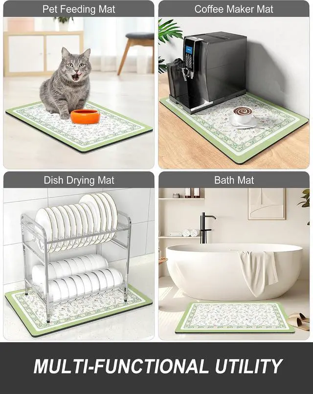 Alt view image 7 of 7 - Rnivvi Dish Drying Mat for Kitchen Counter, 12 x 19" Cute Flower Theme Super Absorbent Draining Pad, Non-Slip Heat Resistant Coffee Bar Mat for Coffee Machine Station Accessories, Green Dish Rack Pad