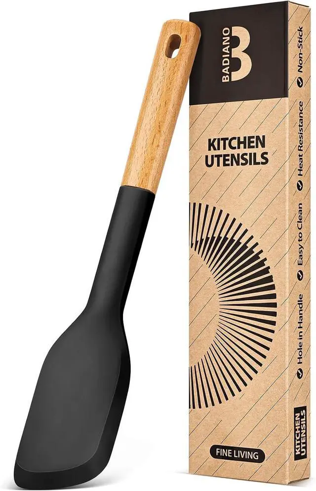 Main image of Badiano Silicone Everyday Spatula, Nonstick Rubber Scraper, Black | Heat Resistant, Sturdy Bpa-Free Matte Silicone, Wooden Handle, Great for Stirring, Mixing and Scraping