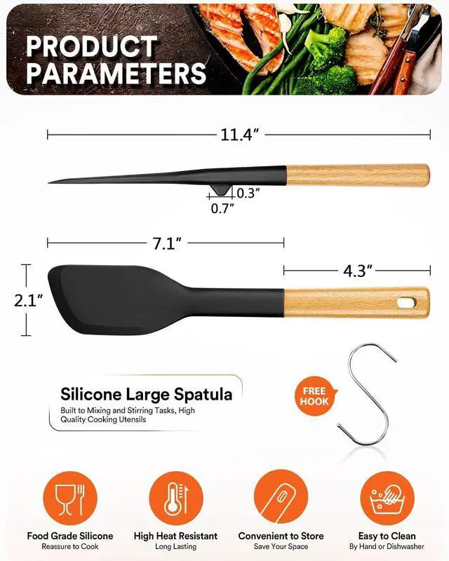 Alt view image 2 of 7 - Badiano Silicone Everyday Spatula, Nonstick Rubber Scraper, Black | Heat Resistant, Sturdy Bpa-Free Matte Silicone, Wooden Handle, Great for Stirring, Mixing and Scraping