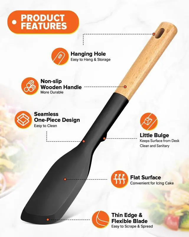 Alt view image 4 of 7 - Badiano Silicone Everyday Spatula, Nonstick Rubber Scraper, Black | Heat Resistant, Sturdy Bpa-Free Matte Silicone, Wooden Handle, Great for Stirring, Mixing and Scraping