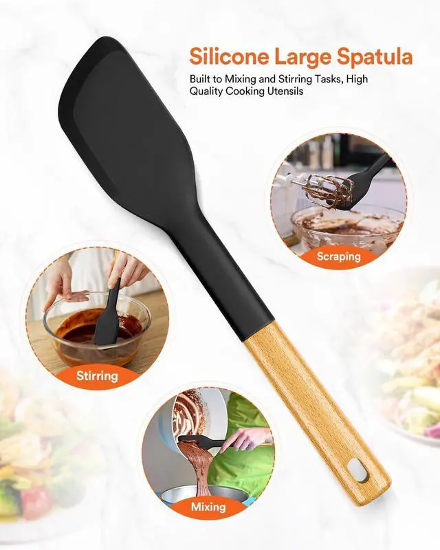 Alt view image 5 of 7 - Badiano Silicone Everyday Spatula, Nonstick Rubber Scraper, Black | Heat Resistant, Sturdy Bpa-Free Matte Silicone, Wooden Handle, Great for Stirring, Mixing and Scraping