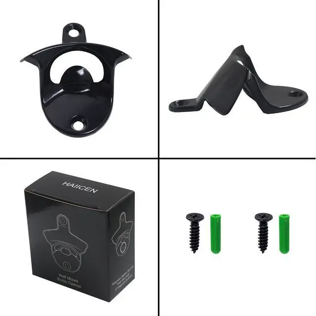 Alt view image 5 of 6 - Black Magnetic Wall Mounted Beer Bottle Cap Opener Stainless Metal | Built-in Magnets to Catch Cap, Screw in Wooden Caddy Post Board Cart
