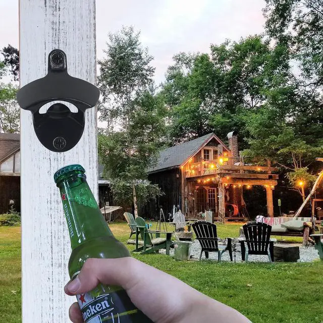 Alt view image 4 of 6 - Black Magnetic Wall Mounted Beer Bottle Cap Opener Stainless Metal | Built-in Magnets to Catch Cap, Screw in Wooden Caddy Post Board Cart