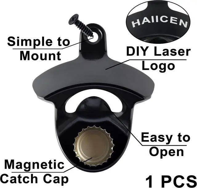 Alt view image 2 of 6 - Black Magnetic Wall Mounted Beer Bottle Cap Opener Stainless Metal | Built-in Magnets to Catch Cap, Screw in Wooden Caddy Post Board Cart