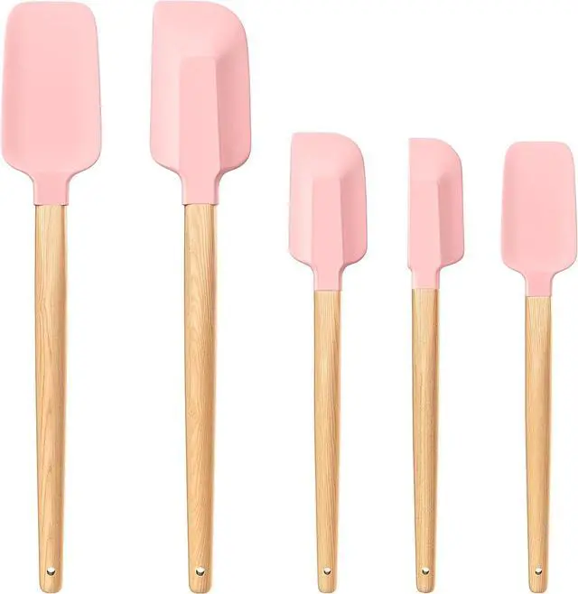Main image of Wooden Handle Silicone Rubber Spatula Set 5 Piece for Kitchen Baking, Jars,Cooking, and Mixing High Heat Resistant Non Stick Dishwasher Safe BPA-Free (Pink)