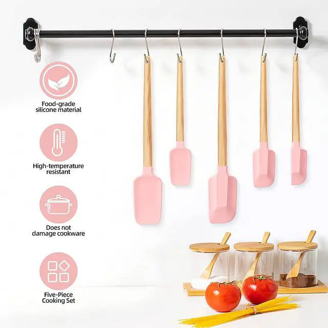 Alt view image 2 of 7 - Wooden Handle Silicone Rubber Spatula Set 5 Piece for Kitchen Baking, Jars,Cooking, and Mixing High Heat Resistant Non Stick Dishwasher Safe BPA-Free (Pink)