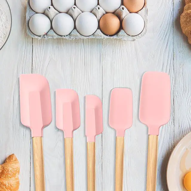 Alt view image 5 of 7 - Wooden Handle Silicone Rubber Spatula Set 5 Piece for Kitchen Baking, Jars,Cooking, and Mixing High Heat Resistant Non Stick Dishwasher Safe BPA-Free (Pink)