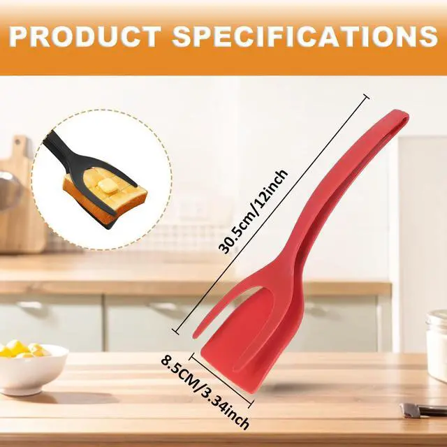Alt view image 2 of 7 - 2-in-1 Egg Flipper Spatula Tongs Set - Non-Stick Silicone Grip and Flip Cooking Utensils for Omelets, Pancakes, Fish, and Burgers - 2 PCS Kitchen Cooking Tools (Black & Red)
