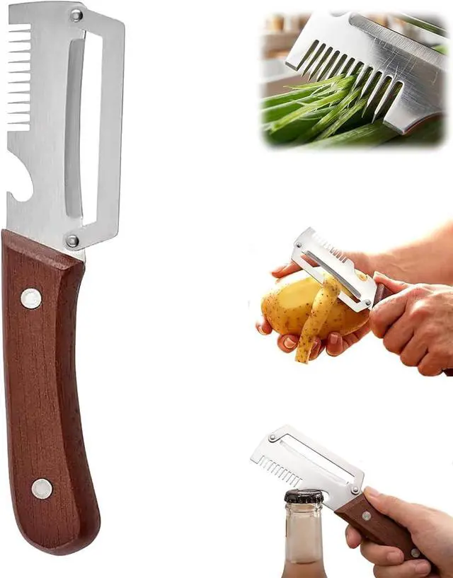 Main image of Multifunctional Vegetable Peeler,3 in 1 Stainless Steel Potato Peeler with Bottle Opener,Wooden Handle Fruit&Veggie Peeler for Kitchen,Carrot Apple Peeling Tool, GreenOnion Shredder Kitchen Gadget,1PC