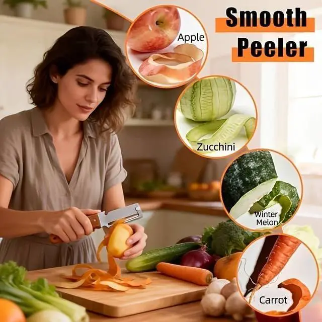 Alt view image 3 of 7 - Multifunctional Vegetable Peeler,3 in 1 Stainless Steel Potato Peeler with Bottle Opener,Wooden Handle Fruit&Veggie Peeler for Kitchen,Carrot Apple Peeling Tool, GreenOnion Shredder Kitchen Gadget,1PC