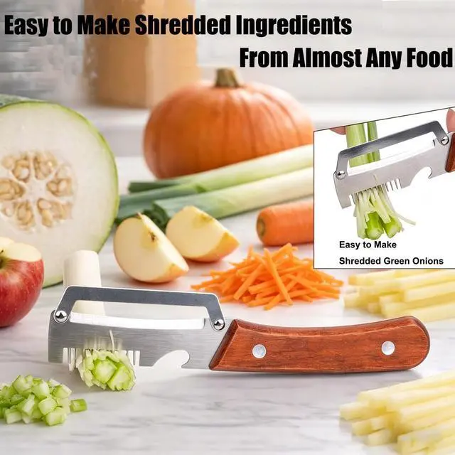 Alt view image 2 of 7 - Multifunctional Vegetable Peeler,3 in 1 Stainless Steel Potato Peeler with Bottle Opener,Wooden Handle Fruit&Veggie Peeler for Kitchen,Carrot Apple Peeling Tool, GreenOnion Shredder Kitchen Gadget,1PC