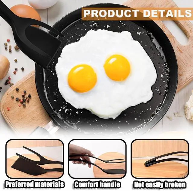Alt view image 4 of 7 - 2-in-1 Egg Flipper Spatula Tongs Set - Non-Stick Silicone Grip and Flip Cooking Utensils for Omelets, Pancakes, Fish, and Burgers - 2 PCS Kitchen Cooking Tools (Black & Red)