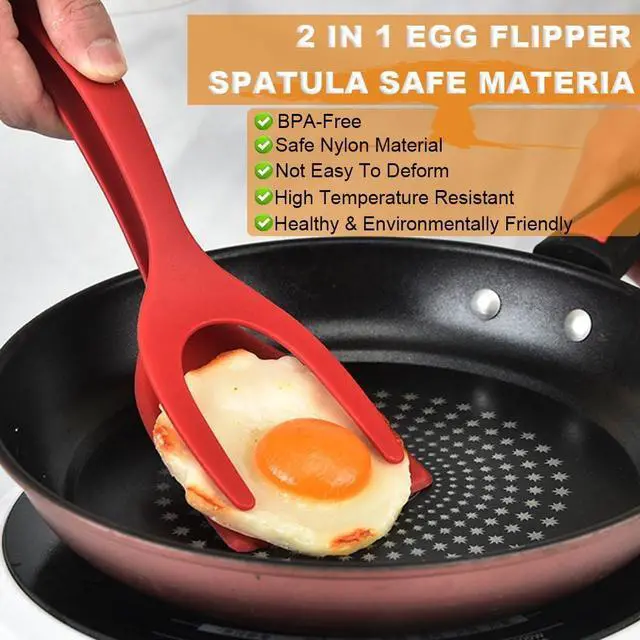 Alt view image 3 of 7 - 2-in-1 Egg Flipper Spatula Tongs Set - Non-Stick Silicone Grip and Flip Cooking Utensils for Omelets, Pancakes, Fish, and Burgers - 2 PCS Kitchen Cooking Tools (Black & Red)