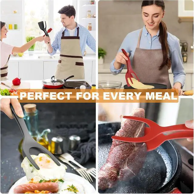 Alt view image 6 of 7 - 2-in-1 Egg Flipper Spatula Tongs Set - Non-Stick Silicone Grip and Flip Cooking Utensils for Omelets, Pancakes, Fish, and Burgers - 2 PCS Kitchen Cooking Tools (Black & Red)