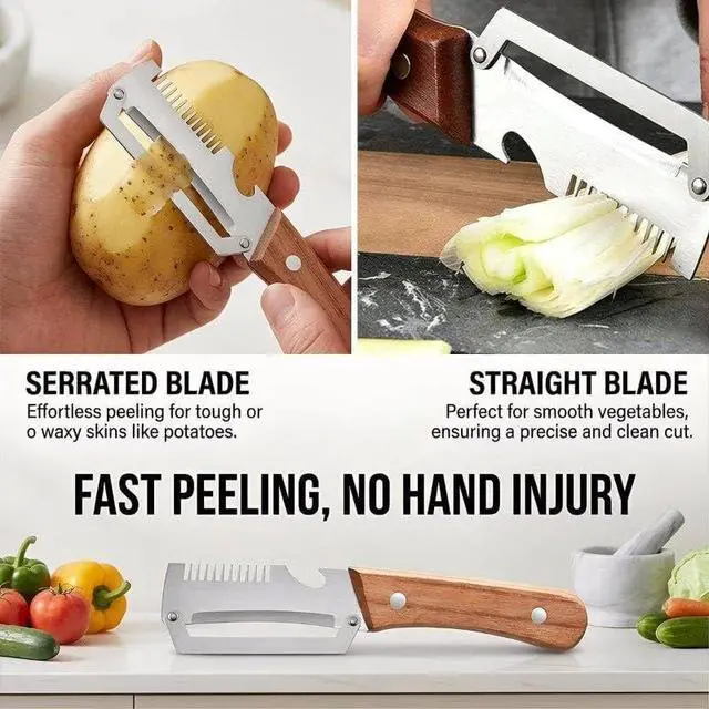 Alt view image 4 of 7 - Multifunctional Vegetable Peeler,3 in 1 Stainless Steel Potato Peeler with Bottle Opener,Wooden Handle Fruit&Veggie Peeler for Kitchen,Carrot Apple Peeling Tool, GreenOnion Shredder Kitchen Gadget,1PC