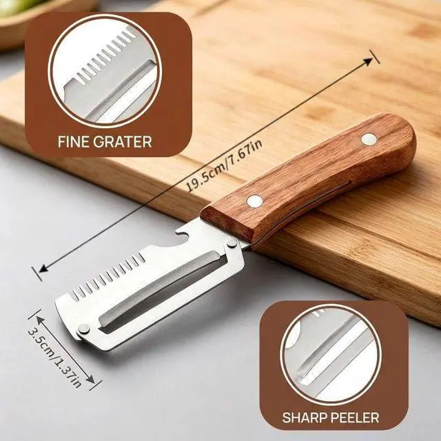 Alt view image 6 of 7 - Multifunctional Vegetable Peeler,3 in 1 Stainless Steel Potato Peeler with Bottle Opener,Wooden Handle Fruit&Veggie Peeler for Kitchen,Carrot Apple Peeling Tool, GreenOnion Shredder Kitchen Gadget,1PC