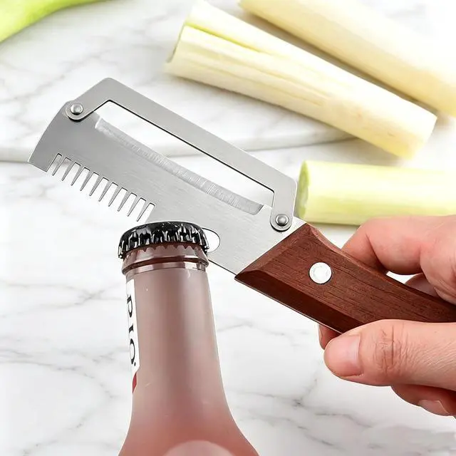 Alt view image 7 of 7 - Multifunctional Vegetable Peeler,3 in 1 Stainless Steel Potato Peeler with Bottle Opener,Wooden Handle Fruit&Veggie Peeler for Kitchen,Carrot Apple Peeling Tool, GreenOnion Shredder Kitchen Gadget,1PC